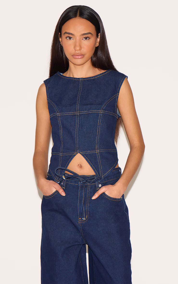 Petite Indigo Denim Seam Detail Long Top