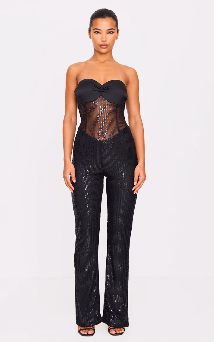 Black Sequin Bandeau Sheer Panel Jumpsuit