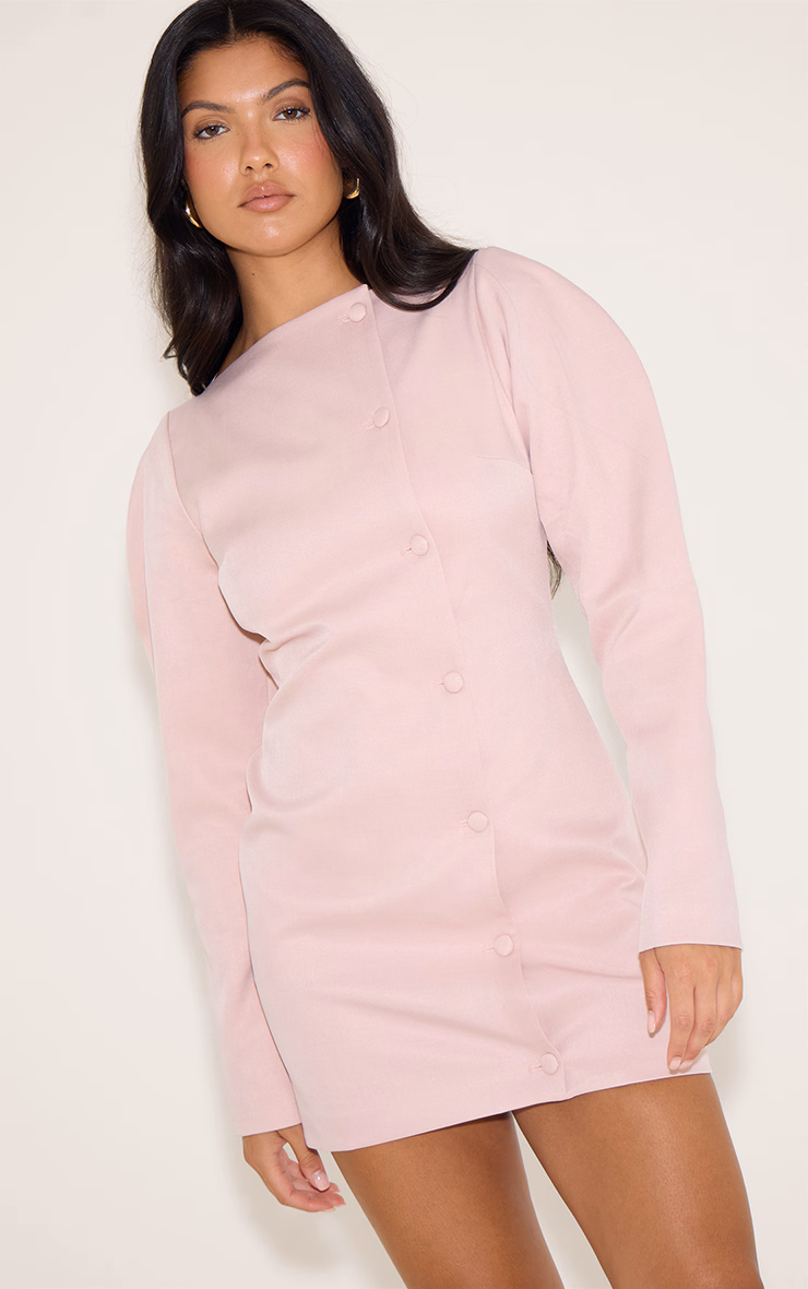 Pale Pink Woven Slash Neck Button Detail Mini Dress