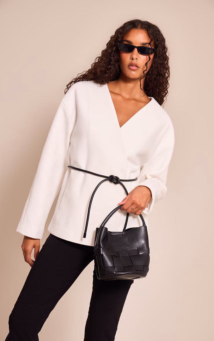 Ecru Collarless Wrap Style Tie Waist Wool Look Coat