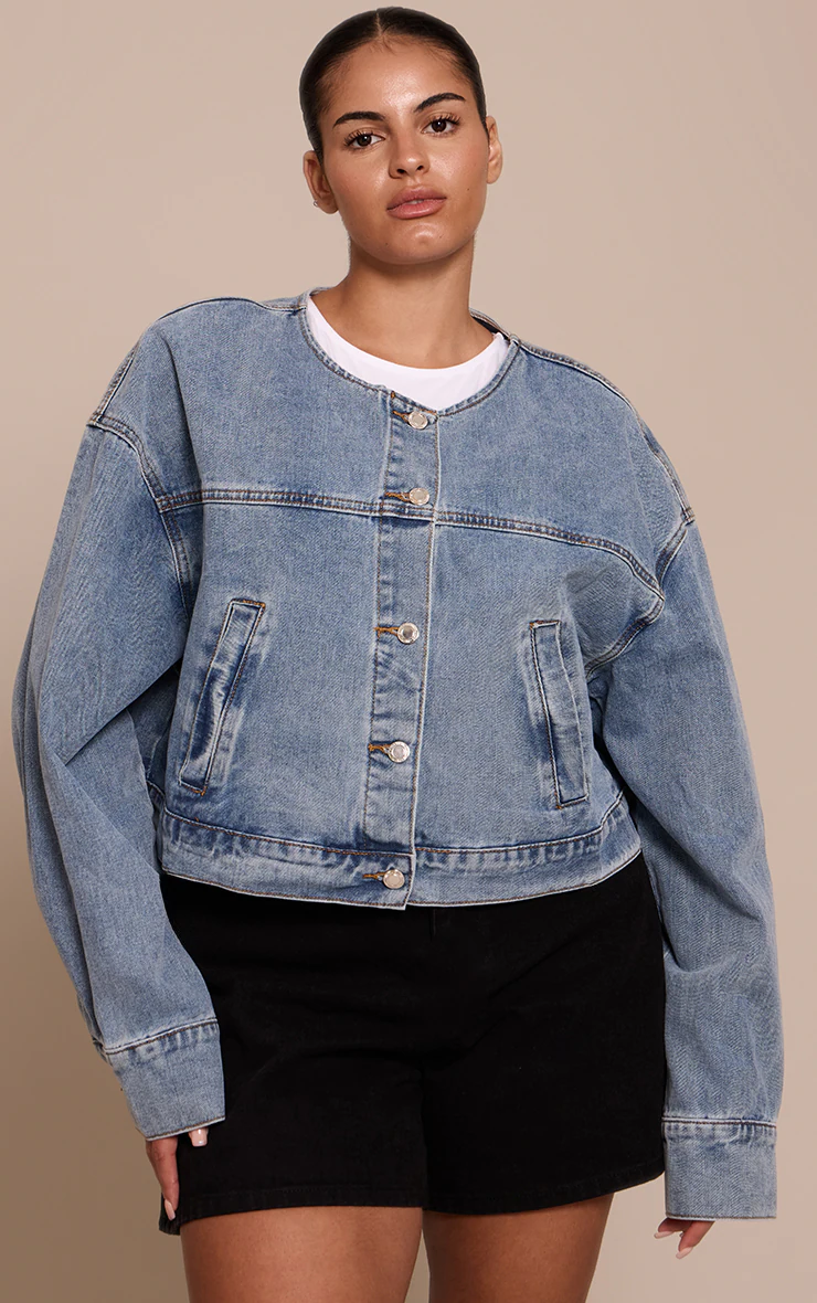 Plus Mid Blue Wash Collarless Cropped Denim Jacket