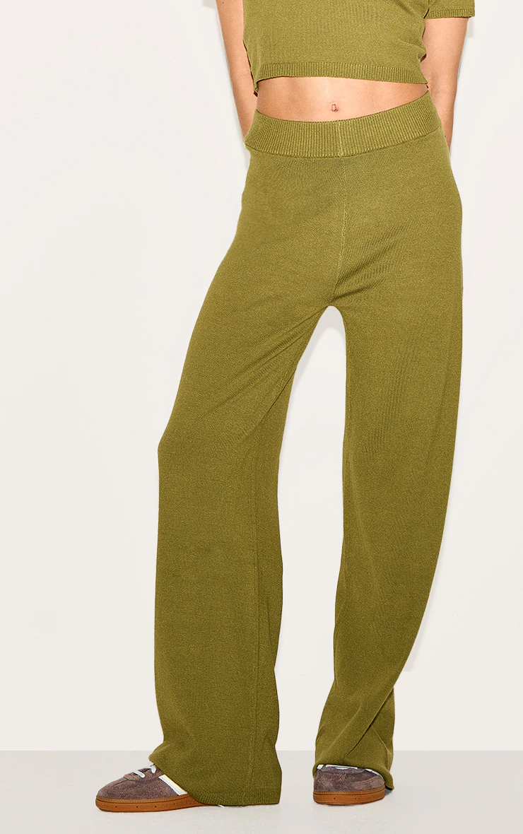 Olive Basic Knit Wide Leg Pants