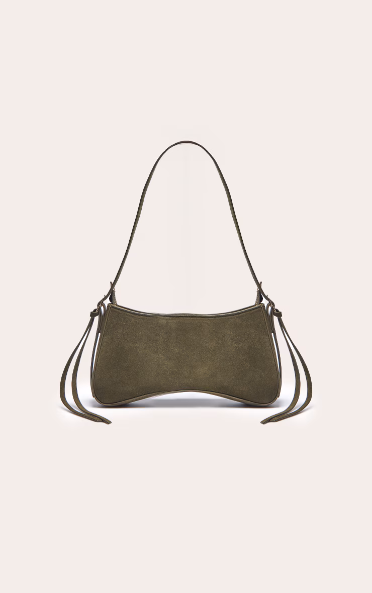 Olive Faux Suede Curved Beaded Shoulder Bag