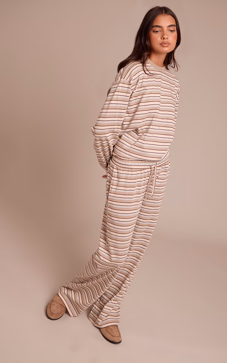 Light Brown Striped Wide Leg Drawstring Pants