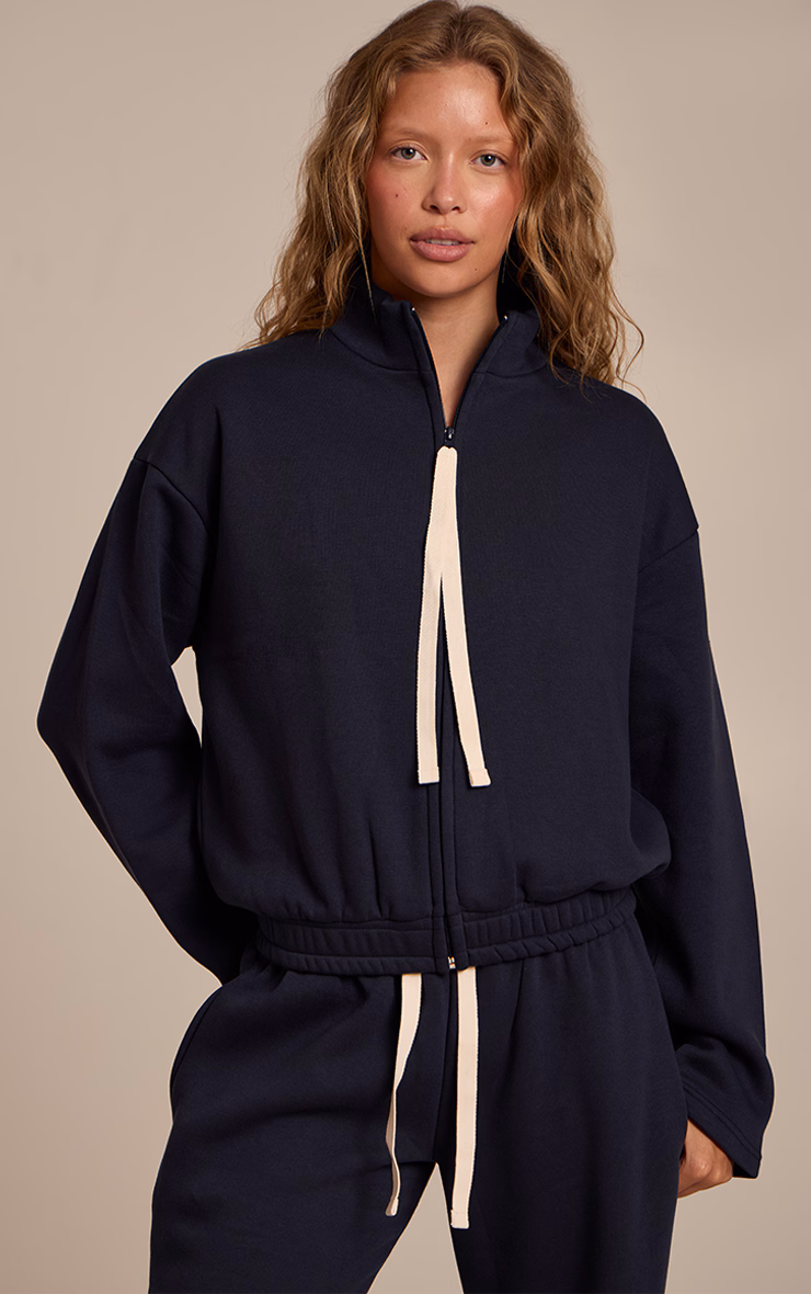 Navy Contrast Drawcord Funnel Neck Sweatshirt