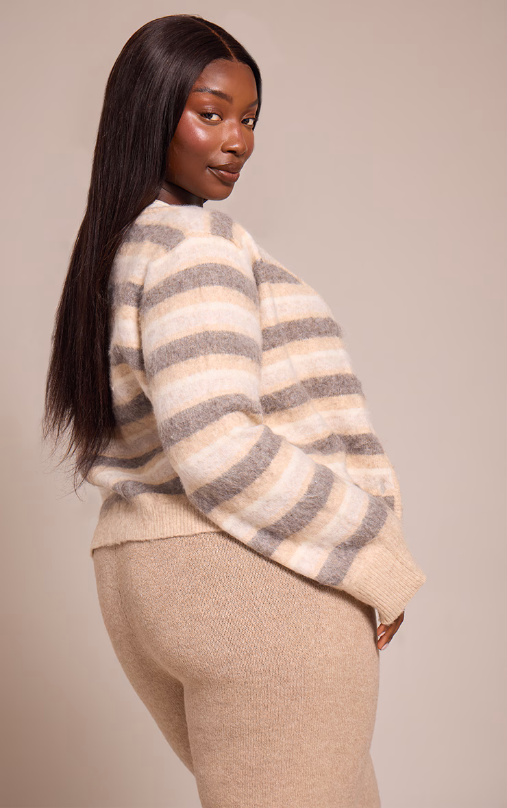 Plus Beige Striped Brushed V Neck Covered Button Knitted Cardigan