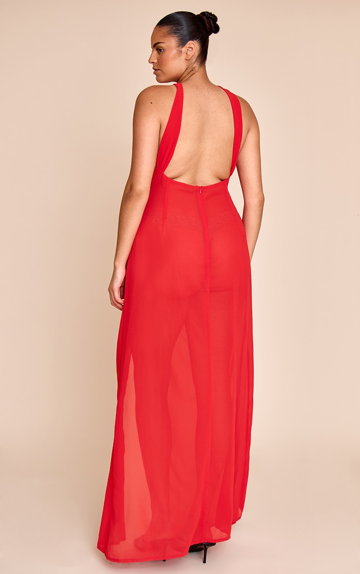 Plus Red Halter Neck Chiffon Maxi Beach Dress