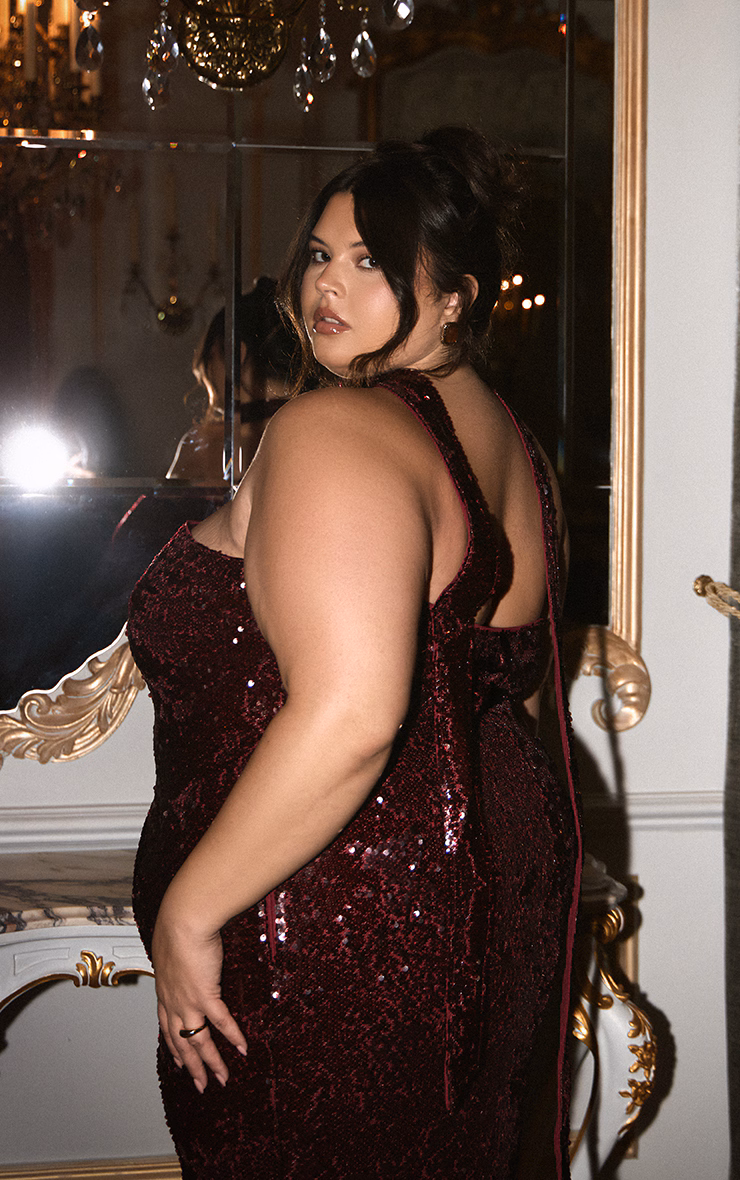 Plus Burgundy Sequin Scarf Detail Bandeau Maxi Dress