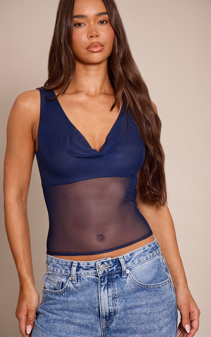 Navy Mesh Drape Front Vest Top