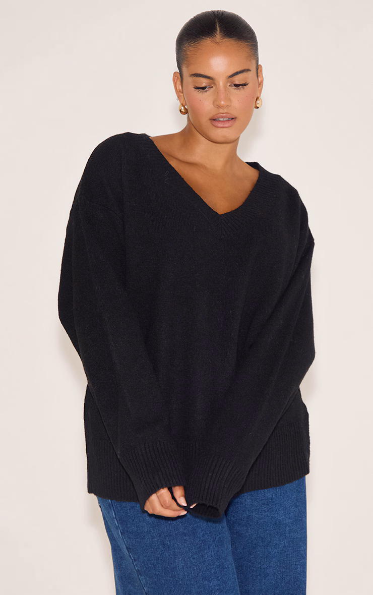Plus Black Knit V-neck Sweater