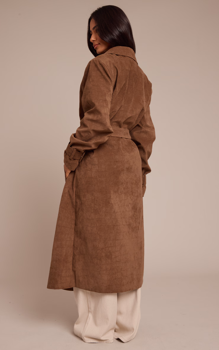 Petite Chocolate Croc Suede Trench Coat