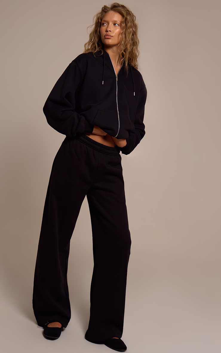 Black Cotton Fleece Straight Leg Sweatpants