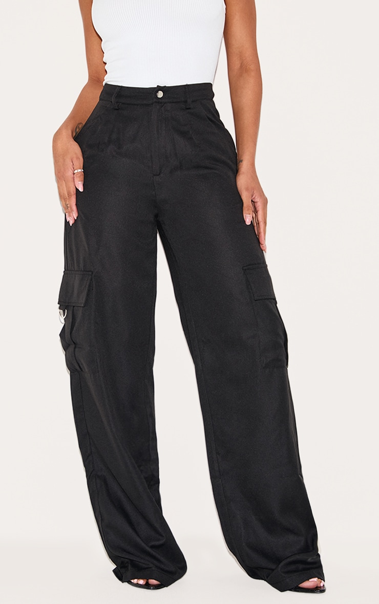 PRETTYLITTLETHING Shape Black Buckle Detail Cargo Wide Leg Pants