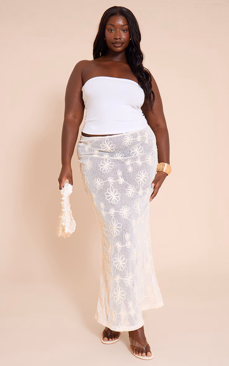 Plus Beige Flower Detail Sheer Maxi Skirt