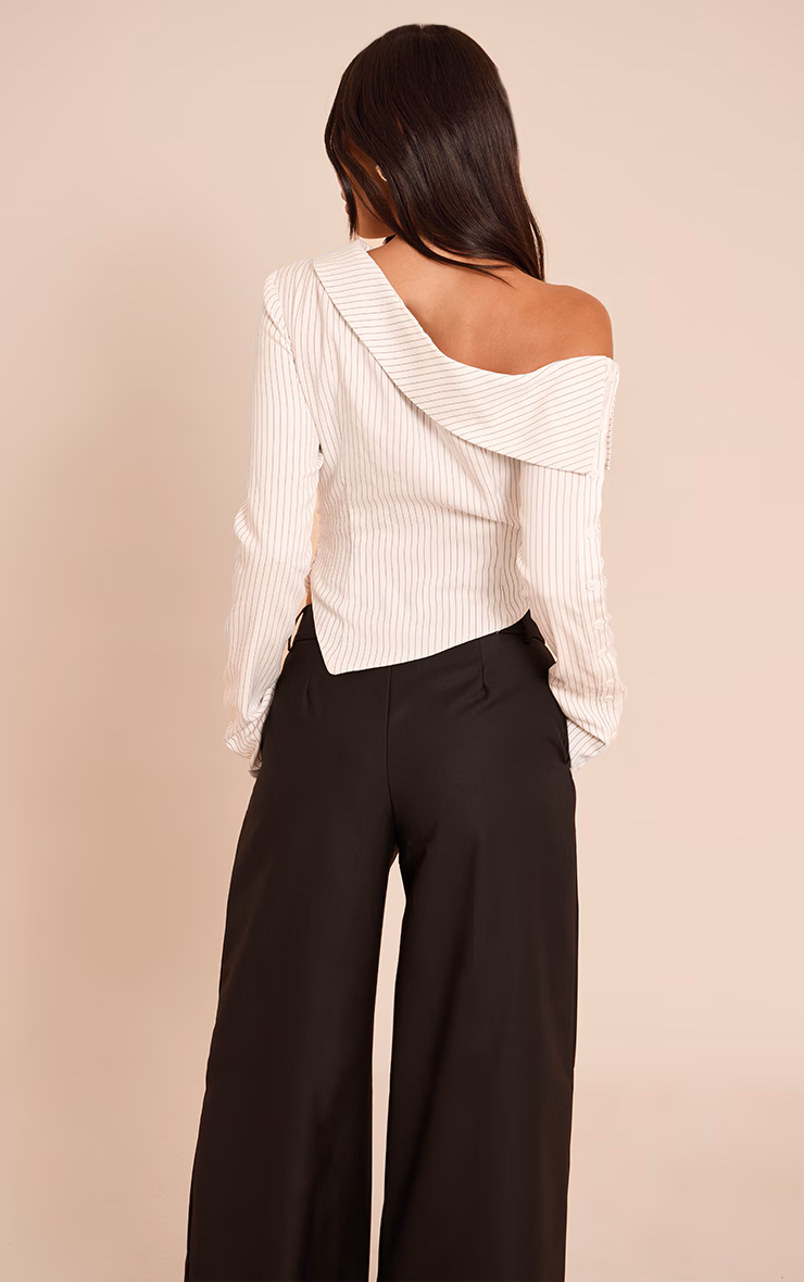 Monochrome Pinstripe Bardot Asymmetric Hem Long Sleeve Shirt