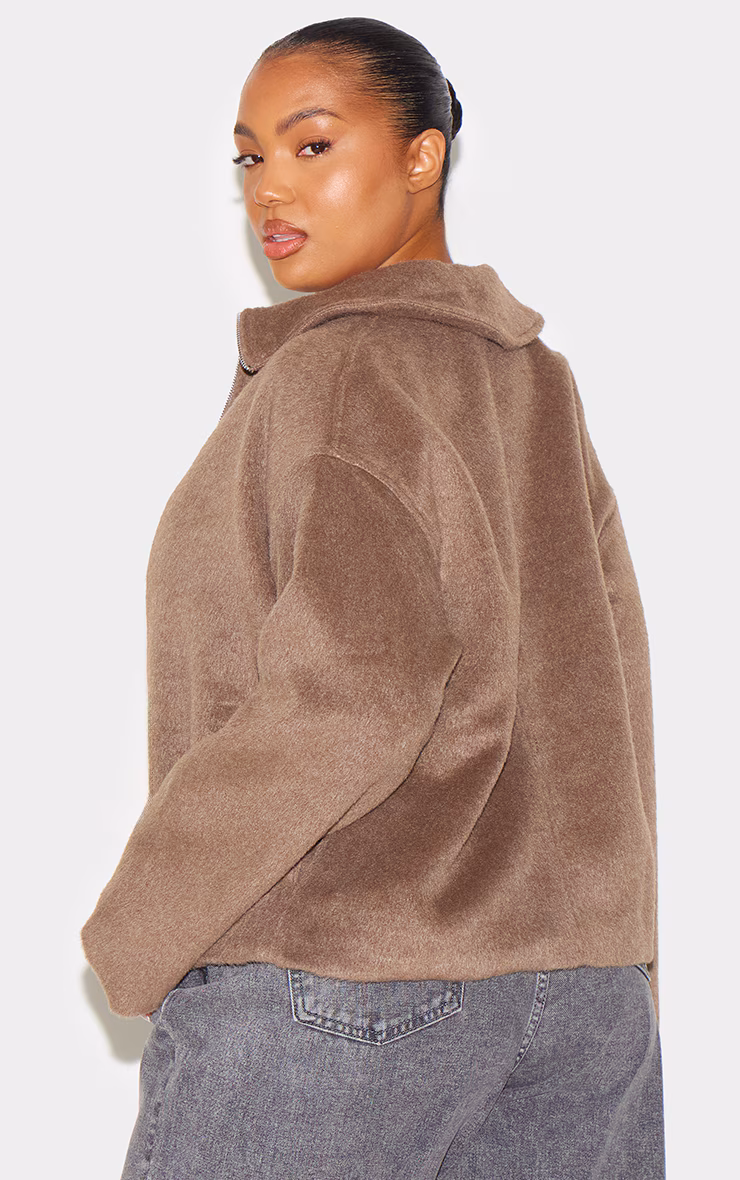 Plus Taupe Wool Look Wide Collar Zip Up Jacket
