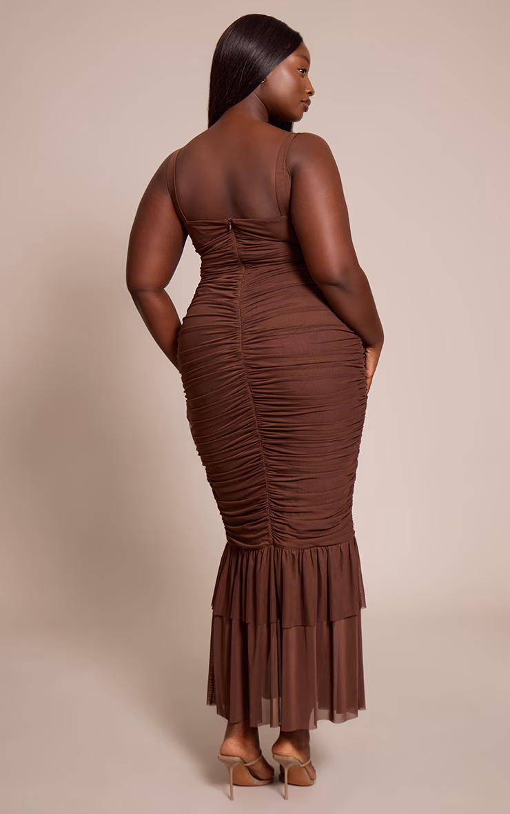 Plus Chocolate Mesh Plunge Neck Ruched Midaxi Dress