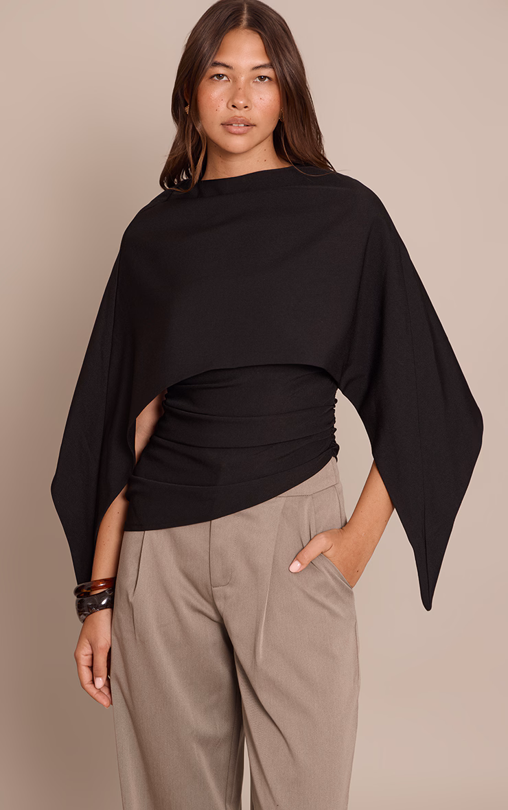 Black Woven Cape Detail Ruched Long Top