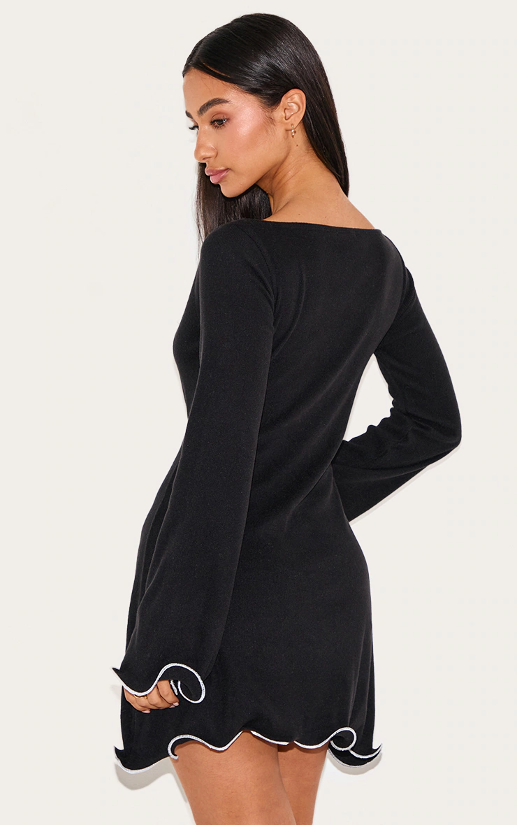 Petite Black Contrast Detail Ribbed Mini Dress