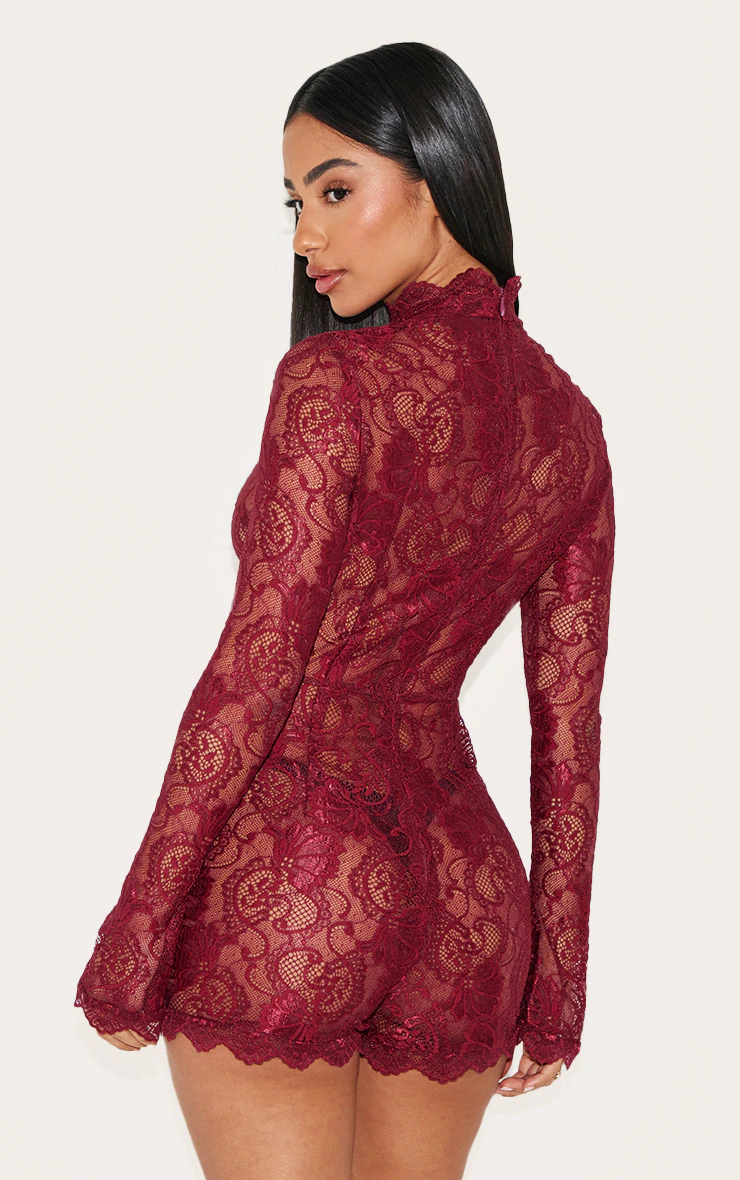 Petite Burgundy Lace Long Sleeve Fitted Romper