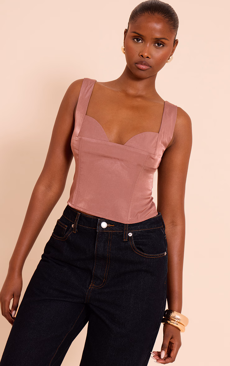 Mauve Cup Detail Boned Matte Satin  Corset