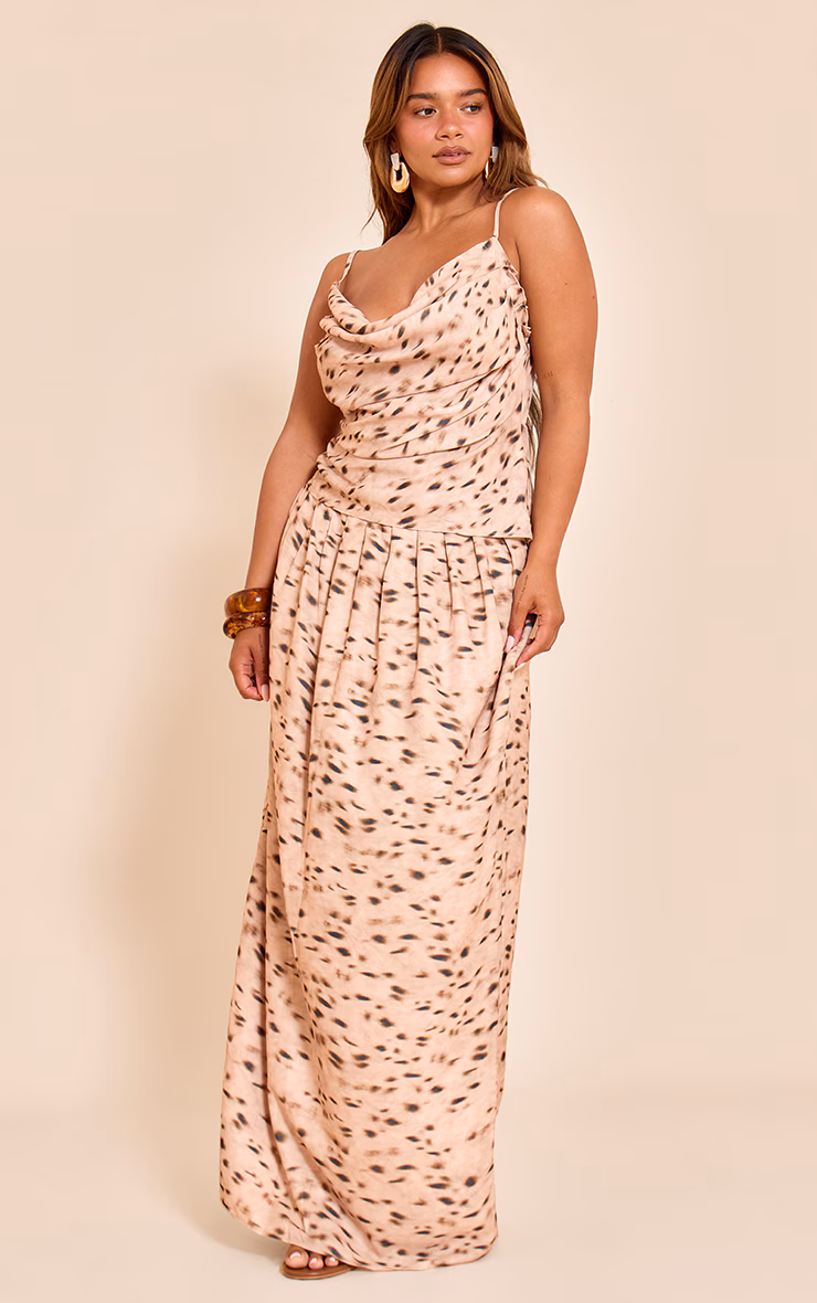 Shape Beige Animal Print Pleated Maxi Skirt