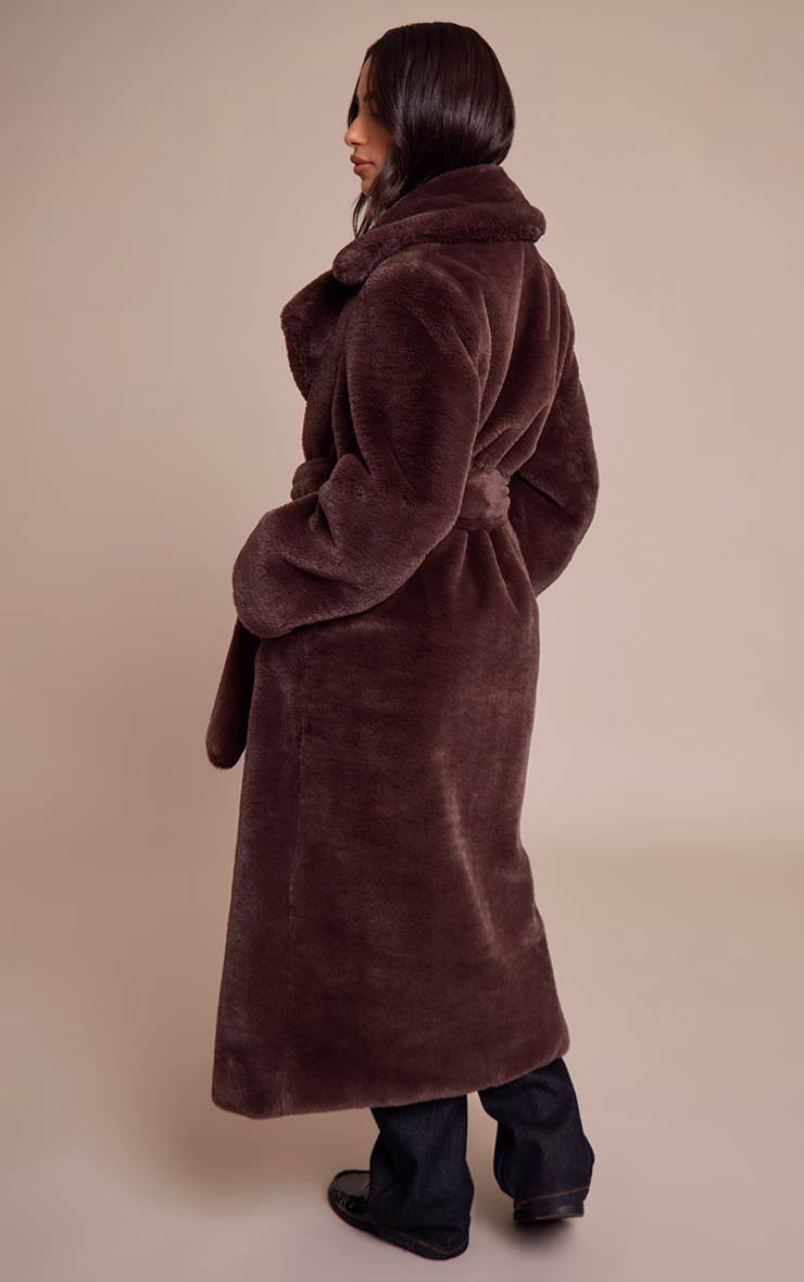 Petite Chocolate Faux Fur Tie Waist Maxi Coat