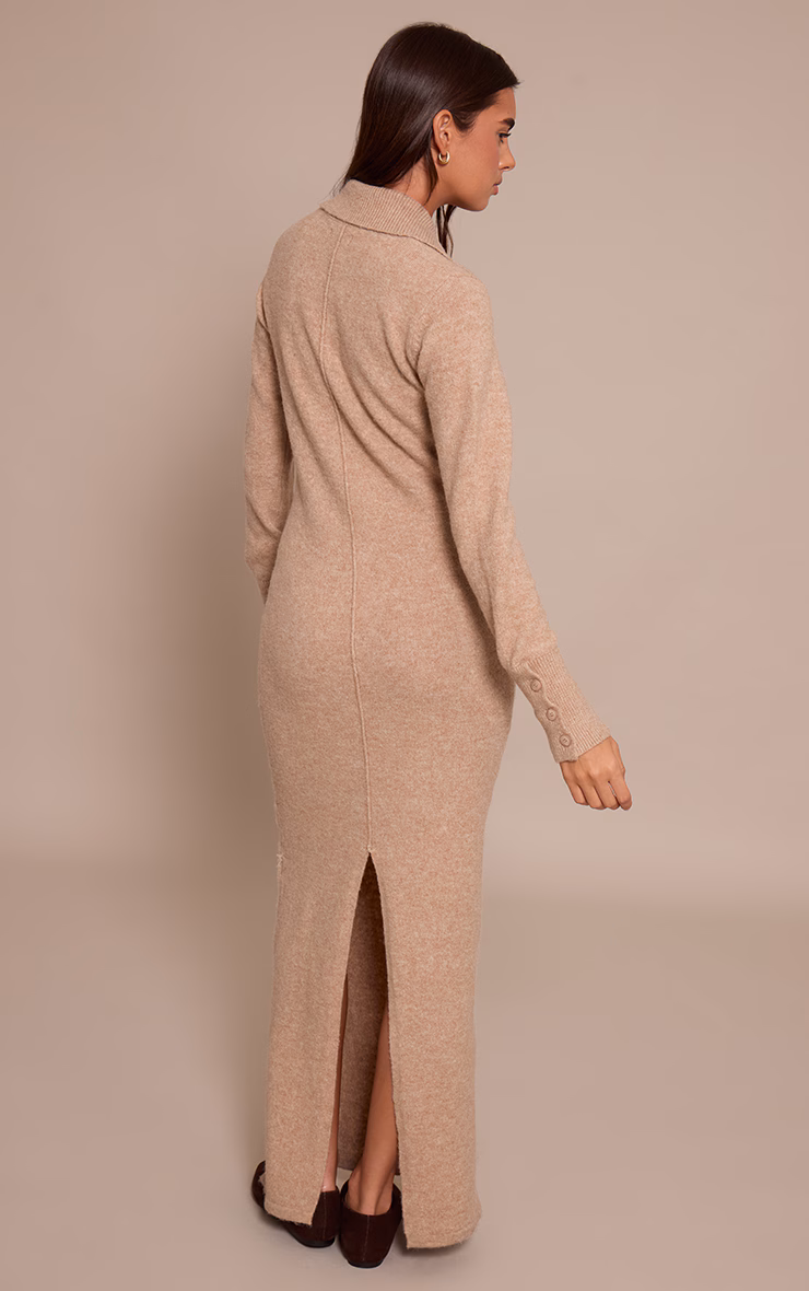 Oatmeal Soft Bobble Knit Button Up Collar Detail Maxi Dress