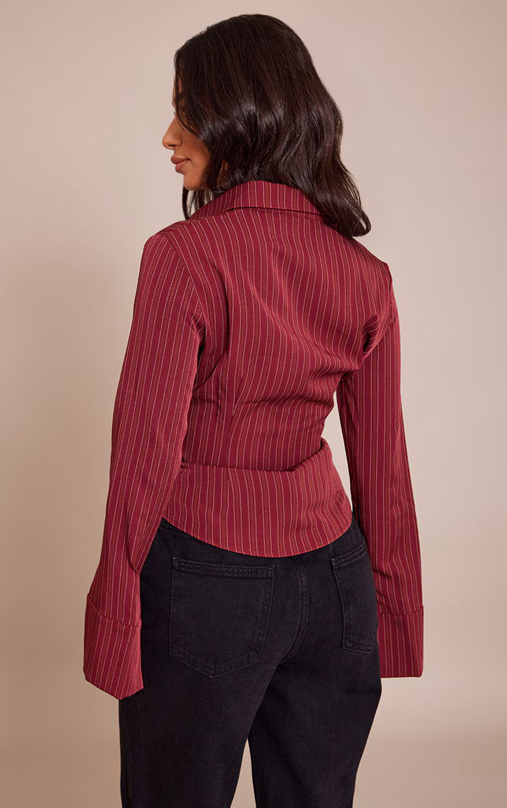 Petite Burgundy Striped Long Sleeve Fitted Shirt