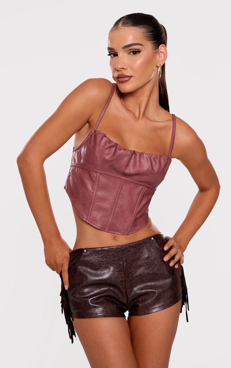 Mauve Faux Leather Ruched Bust Boned Dip Hem Corset