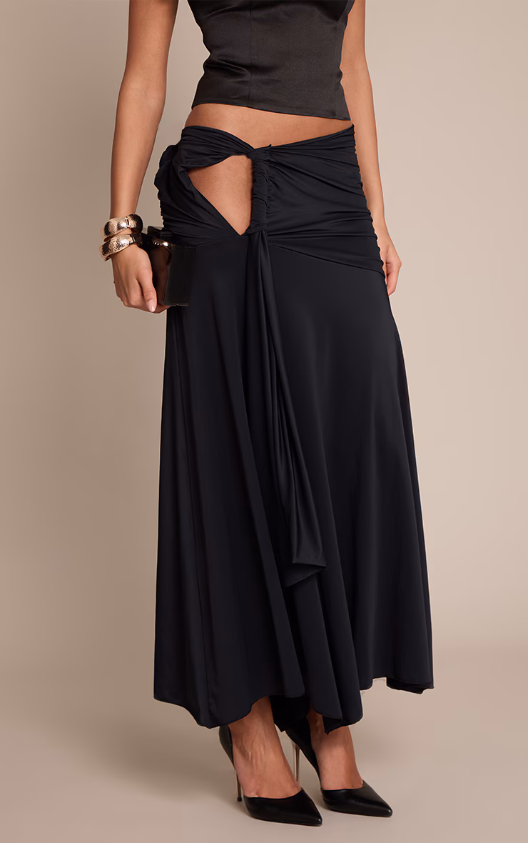 Black Matte Sculpt Drape Detail Floaty Maxi Skirt