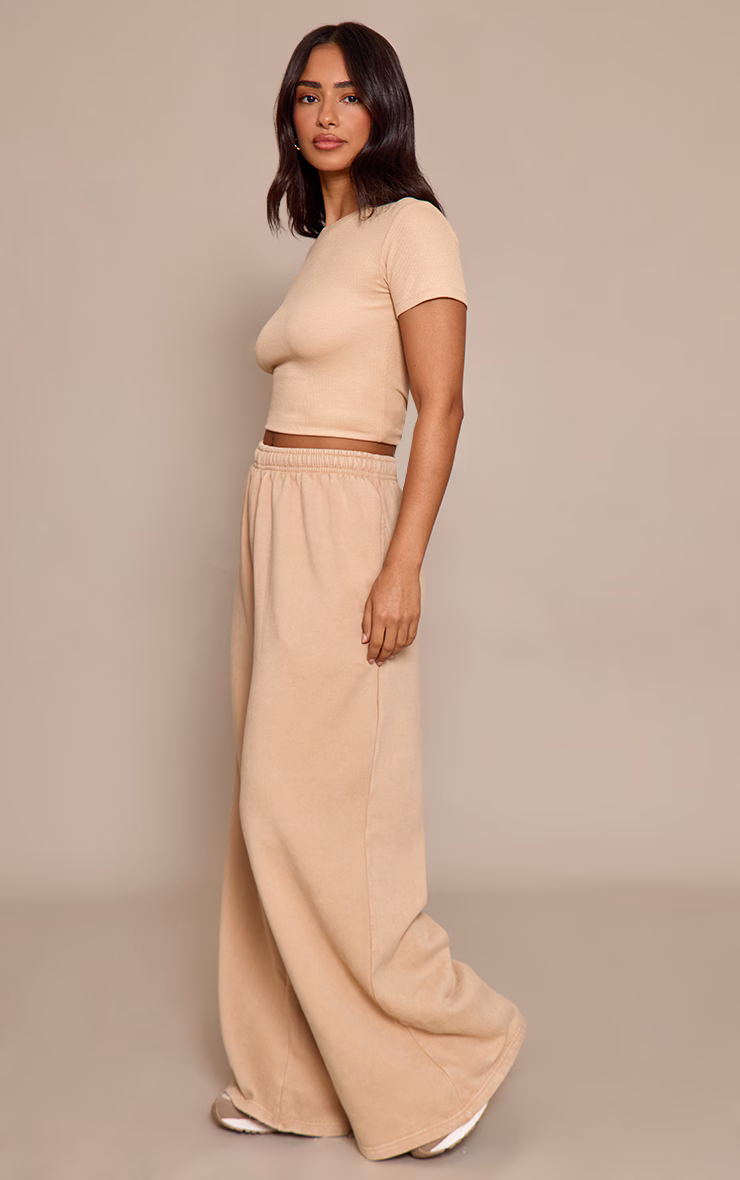 Petite Beige Oversized Wide Leg Washed Sweatpants