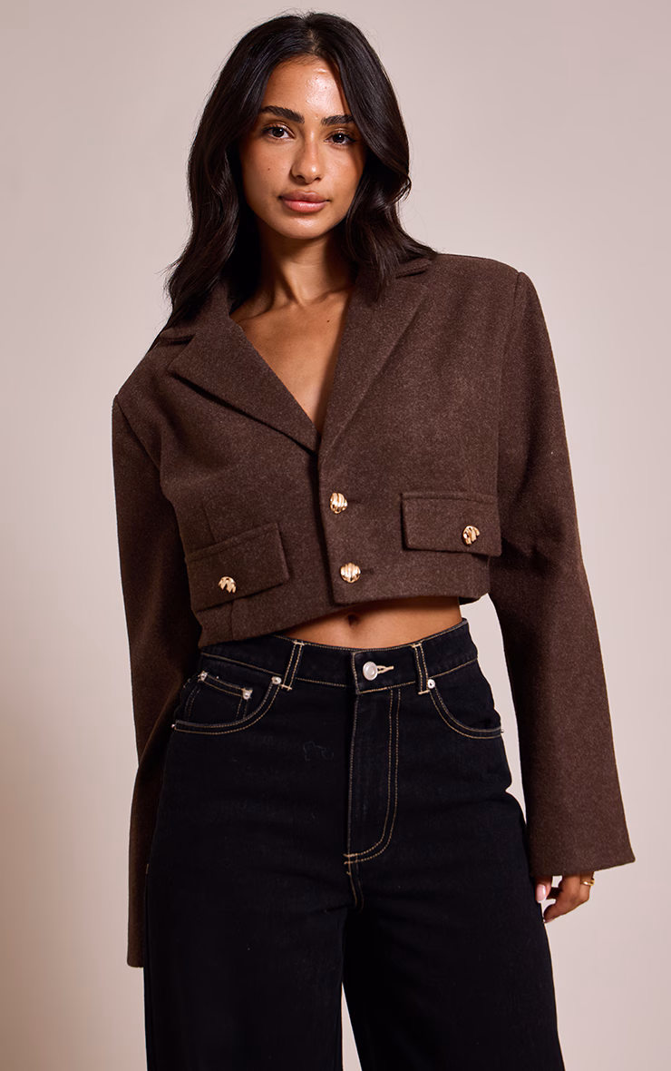 Petite Brown Pocket Detail Cropped Wool Look Blazer