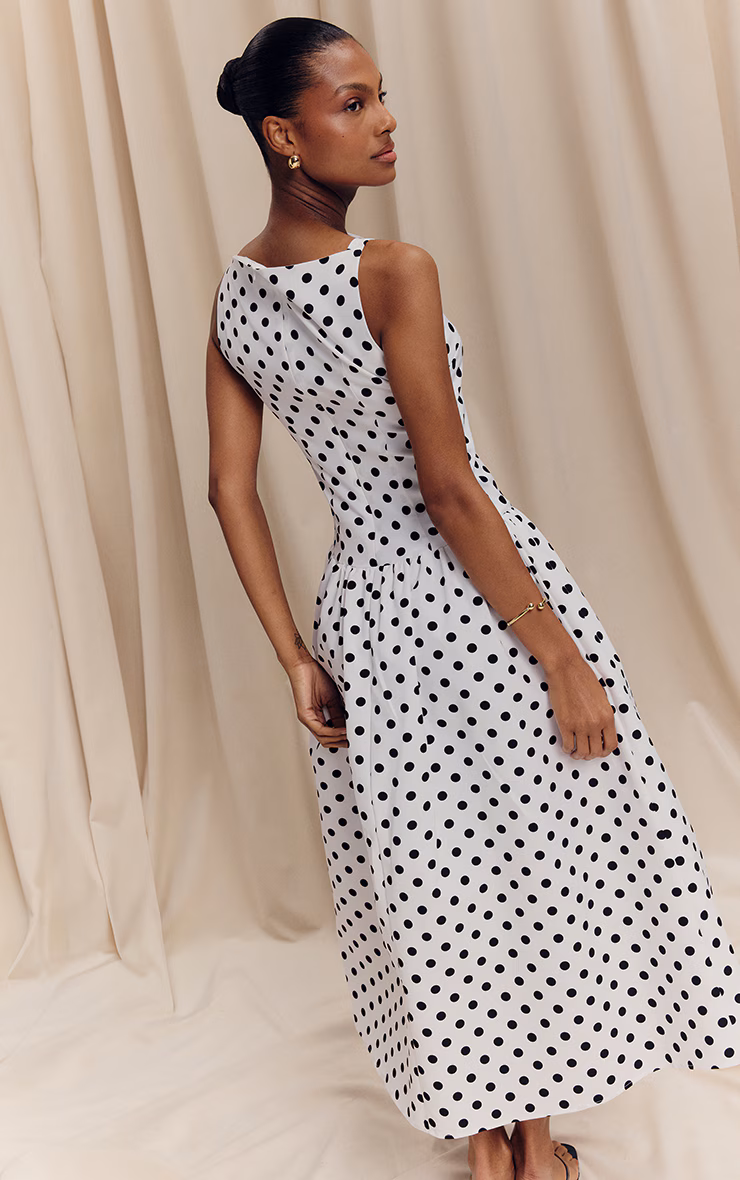 Monochrome Polka Dot Printed Dropped Waist Midaxi Dress