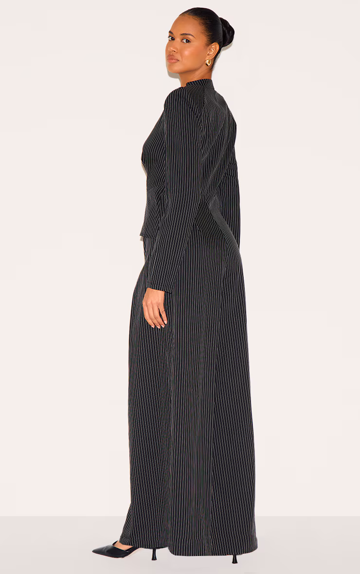 Black Pinstripe Shirt Detail Straight Leg Jumpsuit
