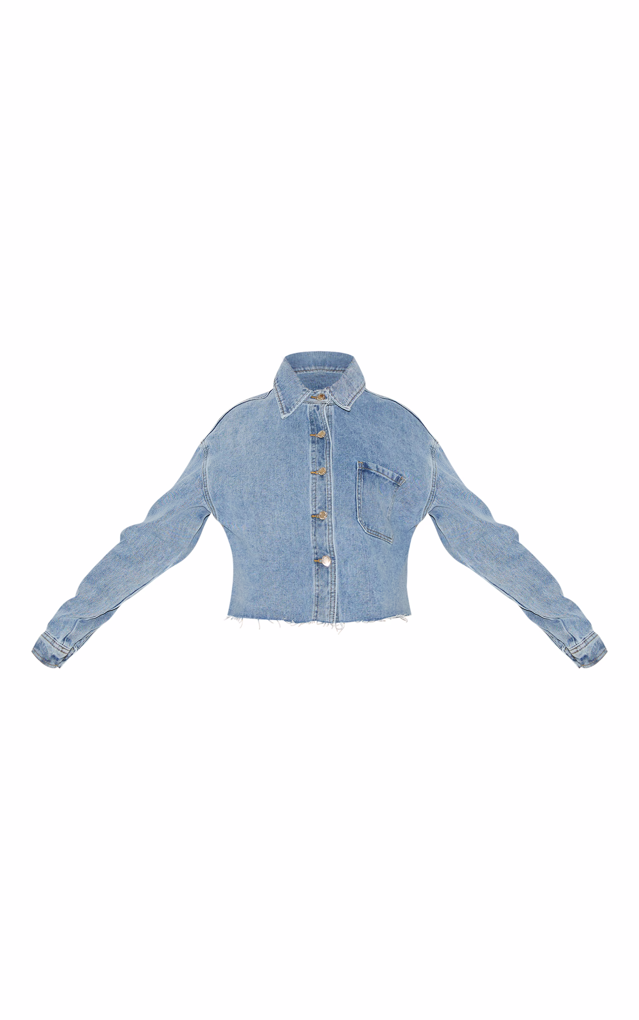 Mid Blue Wash Raw Hem Cropped Denim Shirt