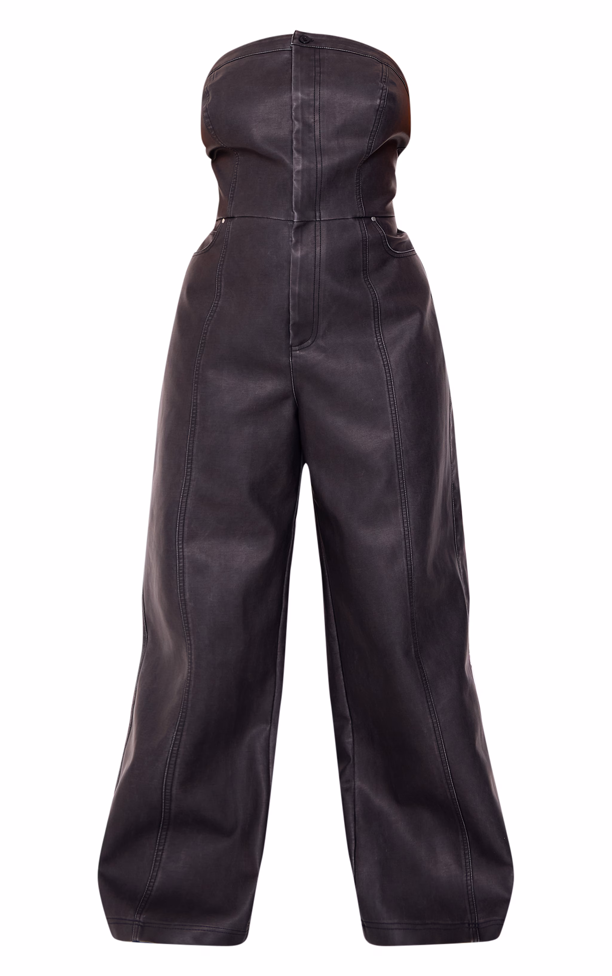 Plus Black Faux Leather Bandeau Lace Back Straight Leg Jumpsuit