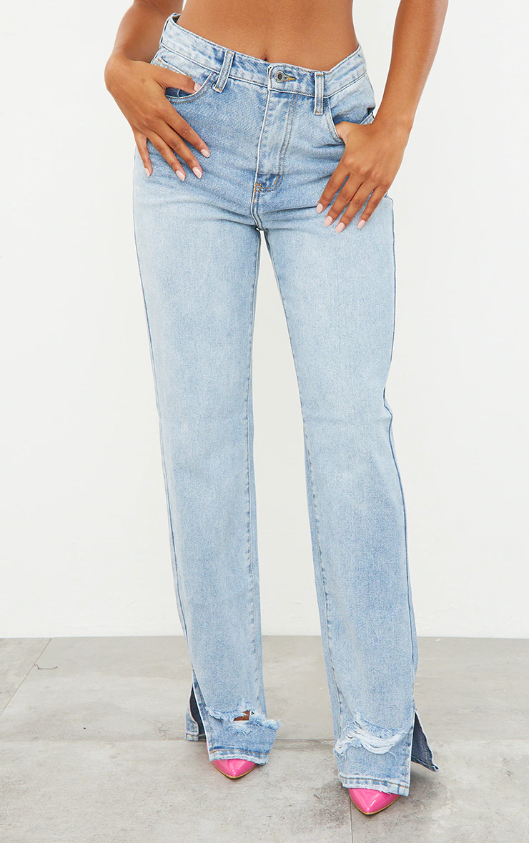 Light Blue Wash Distressed Split Hem Straight Leg Jeans