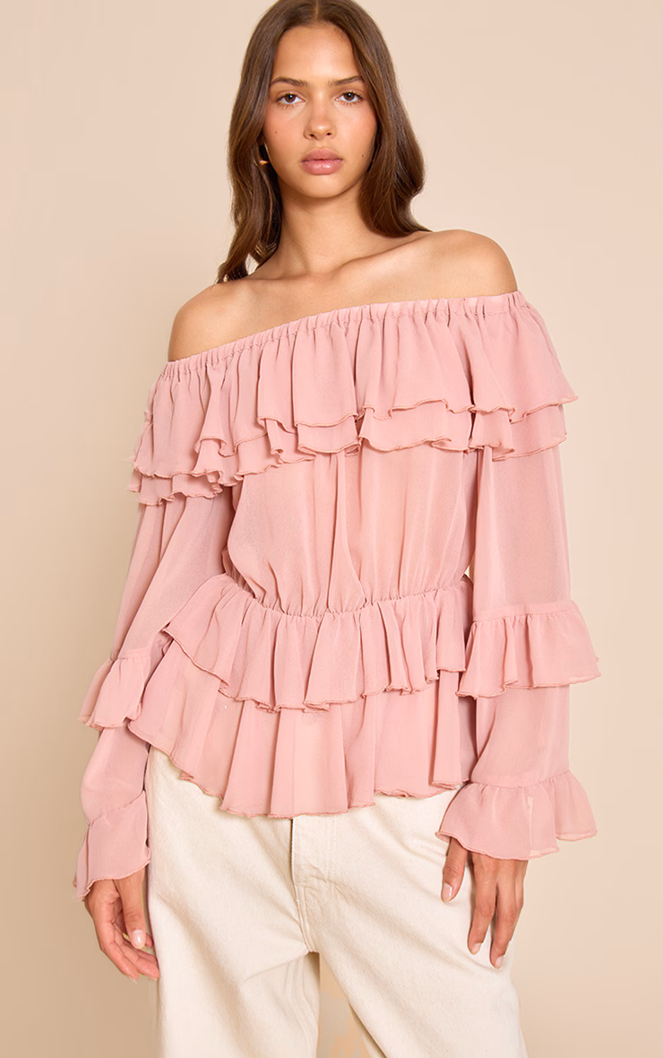 Pale Pink Chiffon Tiered Ruffle Bardot Top