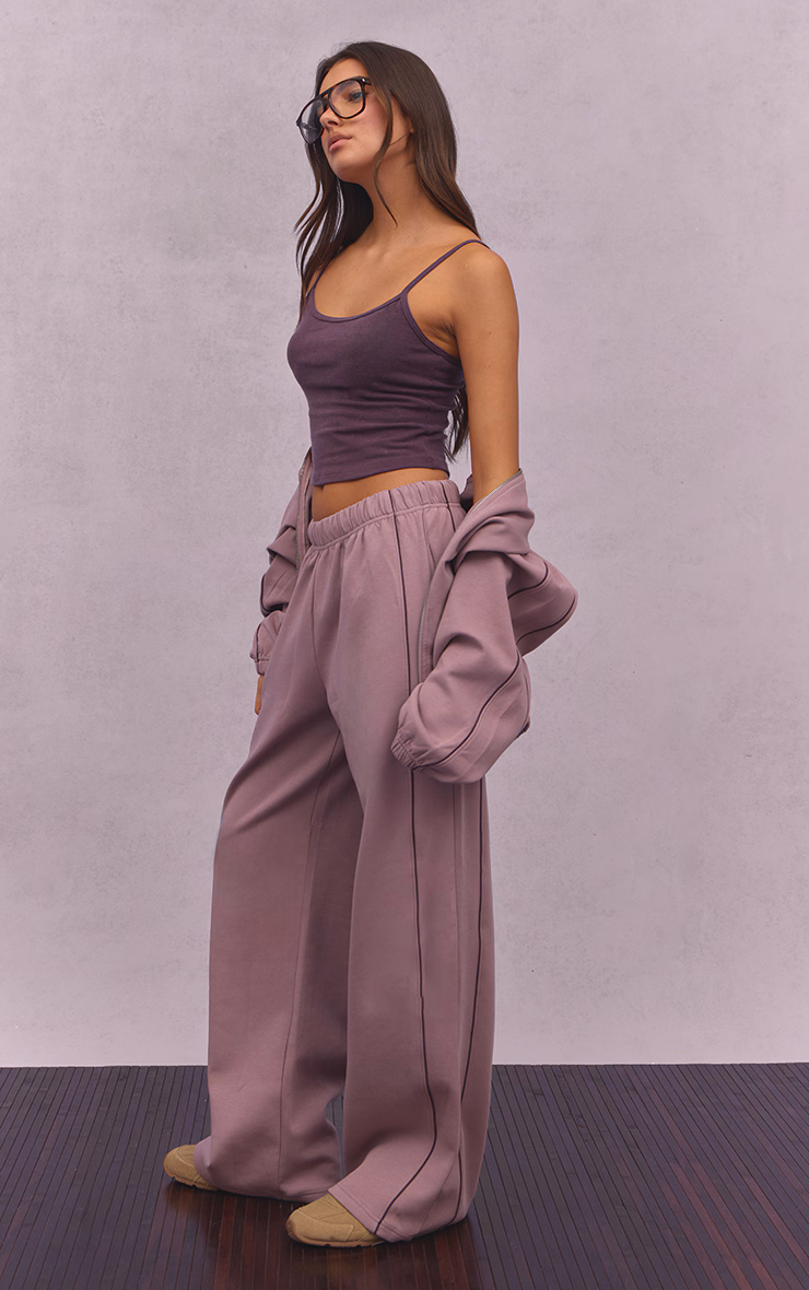 Mauve Interlock Contrast Piping Wide Leg Sweatpants