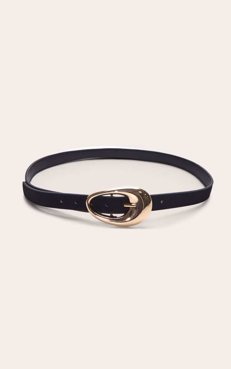 Black Smooth Oval Buckle Skinny Belt