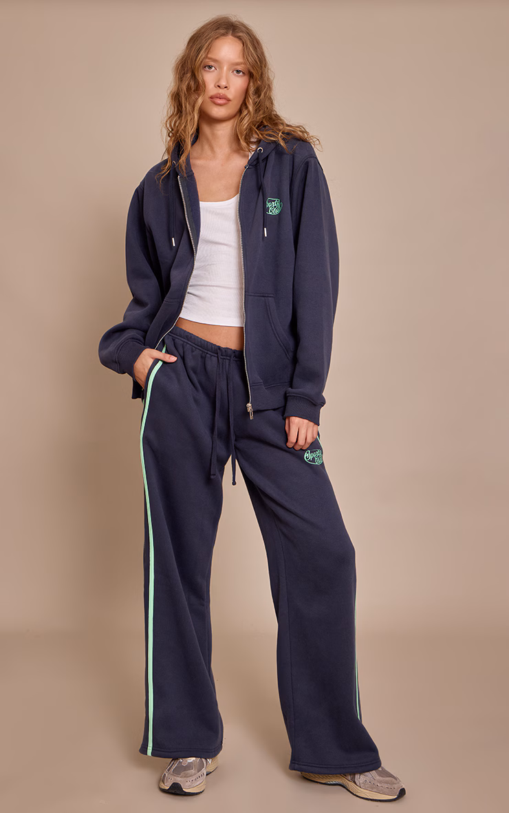 Navy Sports Club Print Wide Leg Sweatpants
