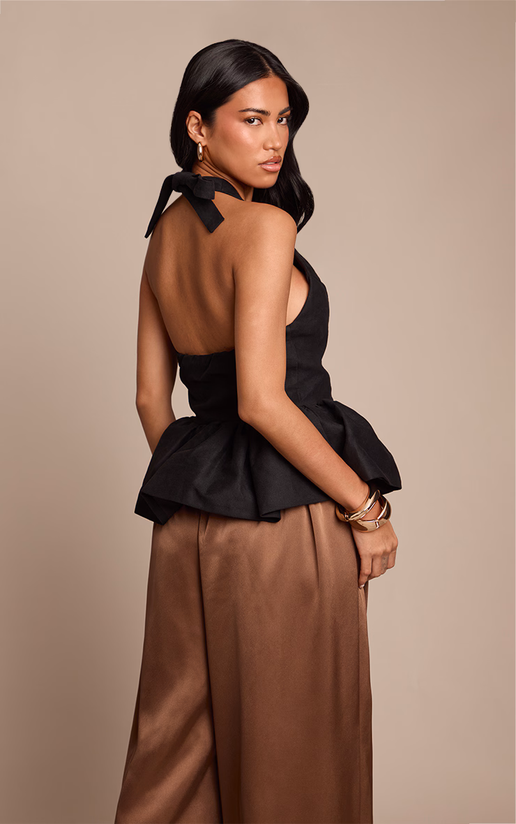 Black Woven Halterneck Peplum Top