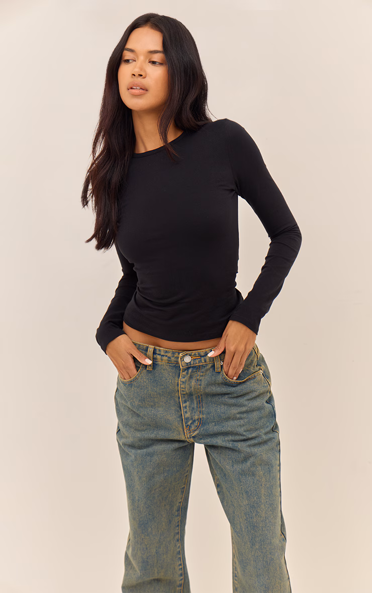 Black Cotton Crew Neck Long Sleeve Top