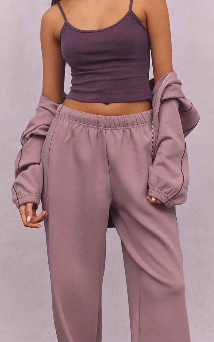 Mauve Interlock Contrast Piping Wide Leg Sweatpants