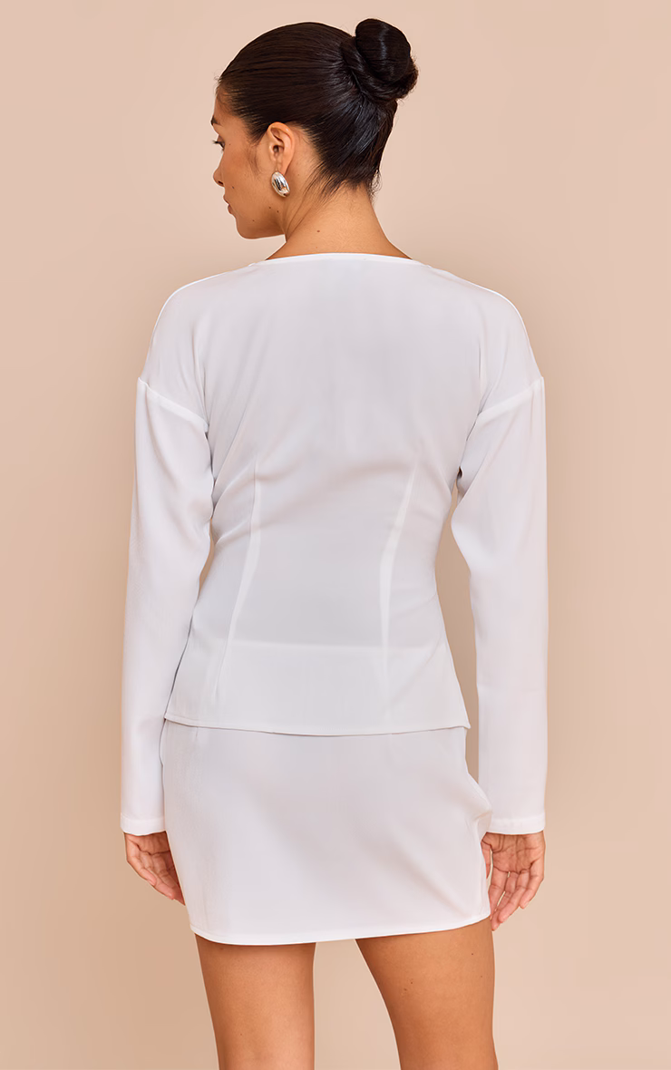 Petite White Collarless Hook And Eye Cinched Waist Long Top