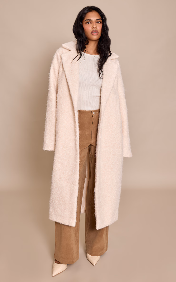 Petite Cream Borg Button Up Maxi Coat
