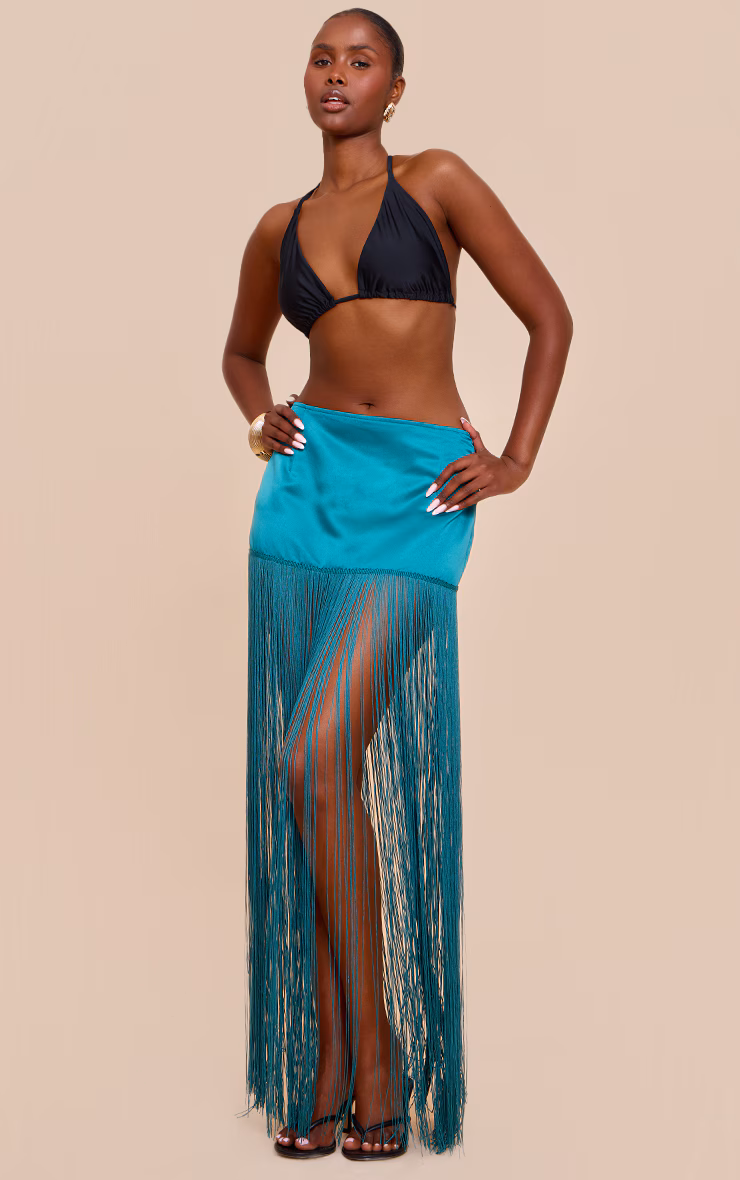 Teal Satin Extreme Tassel Trim Mini Skirt