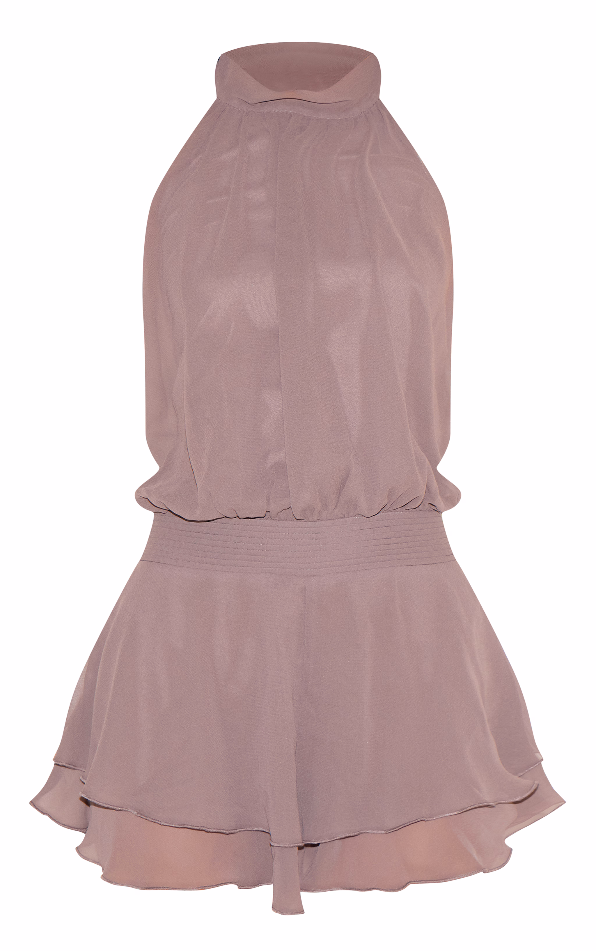 Taupe Chiffon High Neck Drop Waist Romper