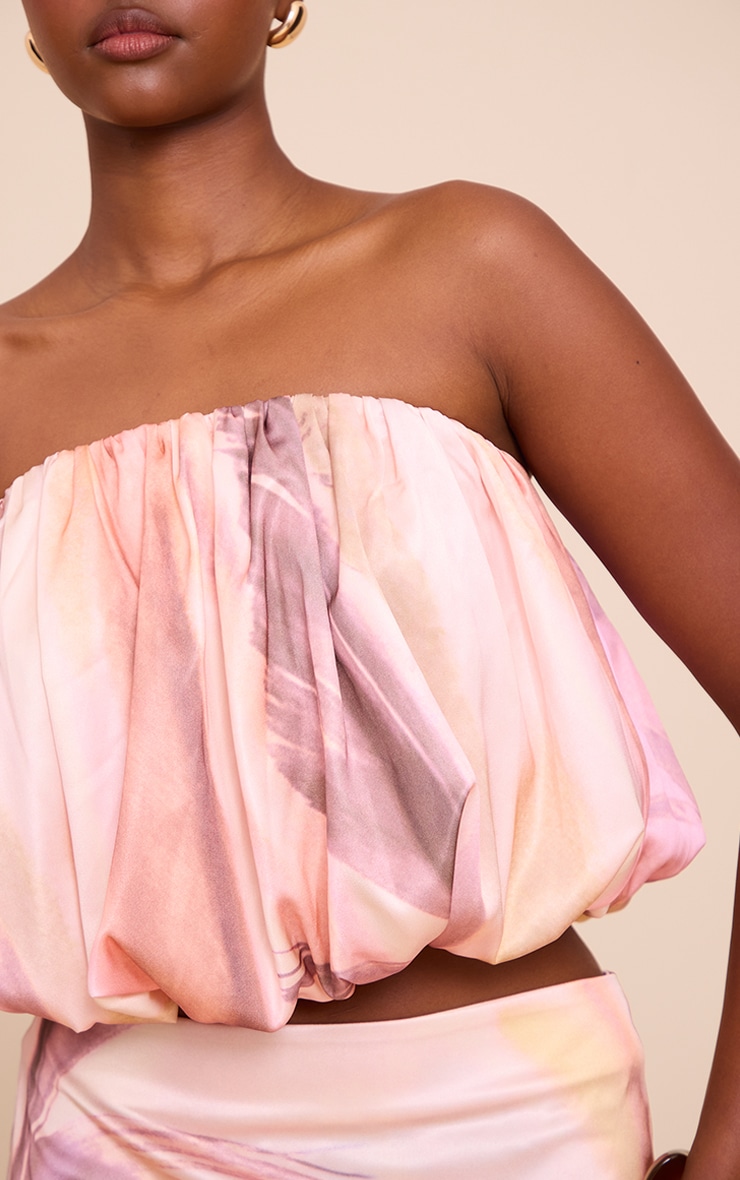 Multi Abstract Print Satin Puffball Bandeau Top